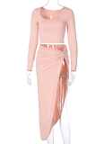 Pink Street Solid Patchwork High Opening Square Collar Long Sleeve Two Pieces