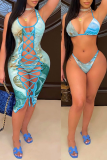 Blue Sexy Patchwork Tie-dye Swimwears