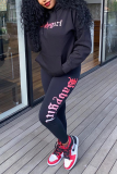 Black Casual Print Letter Hooded Collar Long Sleeve Two Pieces
