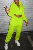 Fluorescent Green Fashion Casual Solid Basic Zipper Collar Long Sleeve Two Pieces