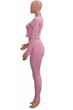Pink Fashion Casual Adult Polyester Solid V Neck Long Sleeve Regular Sleeve Regular Two Pieces