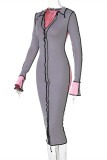 Grey Fashion Sexy Solid Patchwork V Neck Long Sleeve Dresses