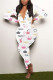 White Pink Casual Living Print Basic V Neck Regular Jumpsuits