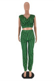 Green Fashion Casual Striped Print Basic V Neck Sleeveless Two Pieces