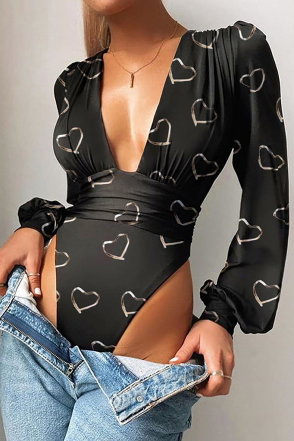 Black Sexy Print Patchwork V Neck Skinny Bodysuits