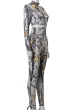 Grey Sexy Print Hollowed Out Turtleneck Long Sleeve Two Pieces