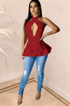 Wine Red Polyester Halter Sleeveless Patchwork HOLLOWED OUT Tees & T-shirts