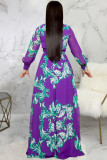 purple Chiffon Sexy Shirt sleeves Long Sleeves V Neck Swagger Floor-Length Print Patchwork Long Sleeve Dre