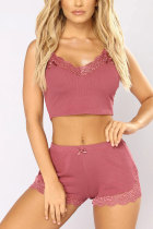 Pink Polyester Fashion Sexy adult Patchwork Solid Two Piece Suits HOLLOWED OUT Straight Sleeveless Two Pieces
