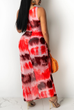 Tangerine Red Sexy Print Hollowed Out O Neck Irregular Dress Dresses
