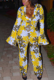 Yellow Sexy Print Without Belt V Neck Jumpsuits