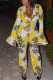 Yellow Sexy Print Without Belt V Neck Jumpsuits