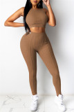 Yellow Casual Sportswear Solid Vests Pants O Neck Sleeveless Two Pieces
