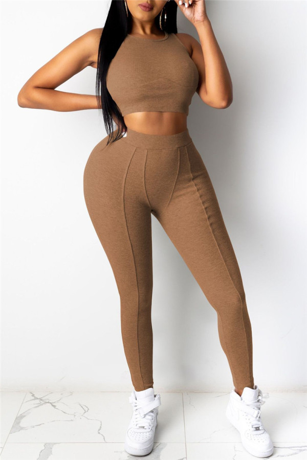 Khaki Casual Sportswear Solid Vests Pants O Neck Sleeveless Two Pieces