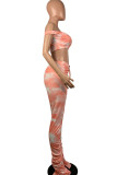 Orange Polyester Fashion Casual Print Tie Dye Two Piece Suits Boot Cut Sleeveless Two Pieces