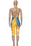 Yellow Polyester Fashion Sexy adult Ma'am Print backless Tie Dye Two Piece Suits pencil Sleeveless Two Pieces