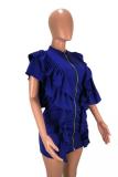 Navy Blue adult Fashion Sexy Ruffled Sleeve Sleeveless V Neck Asymmetrical skirt chain ruffle Solid