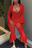 Red Fashion Light Asymmetrical Solid Long Sleeve V Neck Jumpsuits