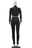 Black Street Solid Fold O Neck Long Sleeve Two Pieces