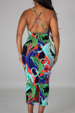 Colour Sexy Print Backless Halter Pencil Skirt Dresses