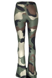 Green Polyester Elastic Fly High Print camouflage Boot Cut Pants Bottoms