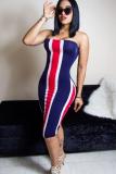Blue Fashion Sexy Off The Shoulder Sleeveless Wrapped chest Sheath Knee-Length Striped asymmetr