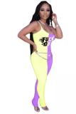 Yellow and purple Fashion Sexy Print Patchwork letter Sleeveless Slip Jumpsuits
