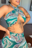 Blue Sexy Print Patchwork Sleeveless Two Pieces
