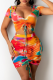 Tangerine Red Sexy Print Patchwork V Neck Short Sleeve Two Pieces