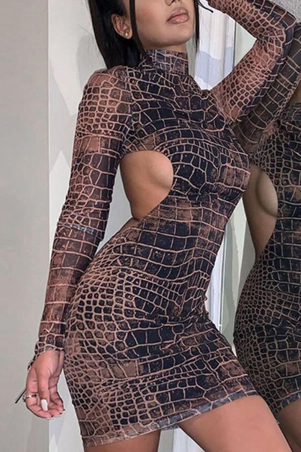 Black Street Print Patchwork O Neck Long Sleeve Mini Pencil Skirt Dresses