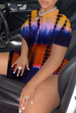 Yellow Sexy Print Tie-dye O Neck Asymmetrical Dresses