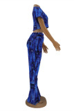 Deep Blue Fashion Casual Print Basic O Neck Short Sleeve Two Pieces