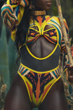 Yellow Sexy Print Split Joint Mesh Swimwears