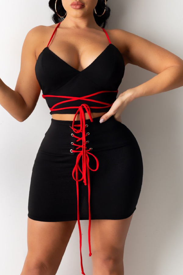 Black Solid Draw String Spaghetti Strap Sleeveless Two Pieces