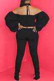 Black Fashion Daily Adult Solid Bandage Halter Long Sleeve Hubble-Bubble Sleeve Short Two Pieces