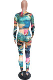 multicolor Street Print Bandage Tie-dye O Neck Long Sleeve Two Pieces