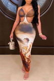 Multicolor Fashion Sexy Print Backless Strap Design Halter Sleeveless Dress