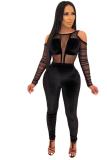 Black Fashion Casual perspective Mesh Patchwork Polyester Long Sleeve O Neck Jumpsuits