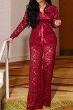 Red Polyester Elastic Fly Long Sleeve Mid lace Patchwork Straight Pants Two-piece suit