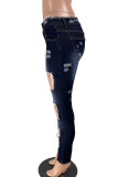 Dark Blue Fashion Casual Street Solid Ripped Make Old Buttons Pants High Waist Skinny Denim