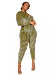 Green Polyester adult Fashion Sexy O Neck Print Striped Zippered Patchwork Stitching Plus Size Jumpsuits