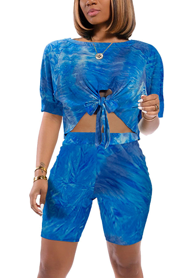 Blue Fashion Sexy Tie Dye Two Piece Suits pencil Short Sleeve Two Pieces