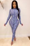 Blue Fashion letter Print Polyester Long Sleeve O Neck