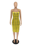 Yellow Fashion Sexy Plaid Print Backless Spaghetti Strap Sleeveless Dress