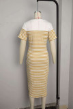 Yellow Sexy Striped Print Patchwork V Neck Dresses