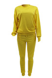 Yellow Casual Solid Pocket O Neck Long Sleeve Two Pieces