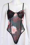 Black Sexy College Print Floral Spaghetti Strap Regular Bodysuits