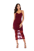 Wine Red Fashion Sexy Spaghetti Strap Sleeveless Slip Step Skirt Mid-Calf Patchwork Mesh Club Dresses