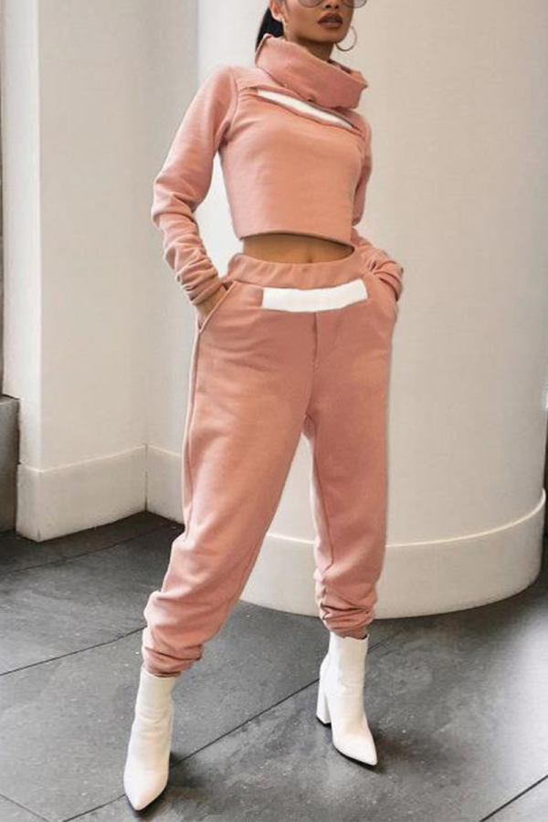 Pink Casual Solid Patchwork Turtleneck Long Sleeve Two Pieces