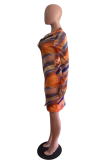 Orange Sexy Print Slit V Neck Wrapped Skirt Dresses